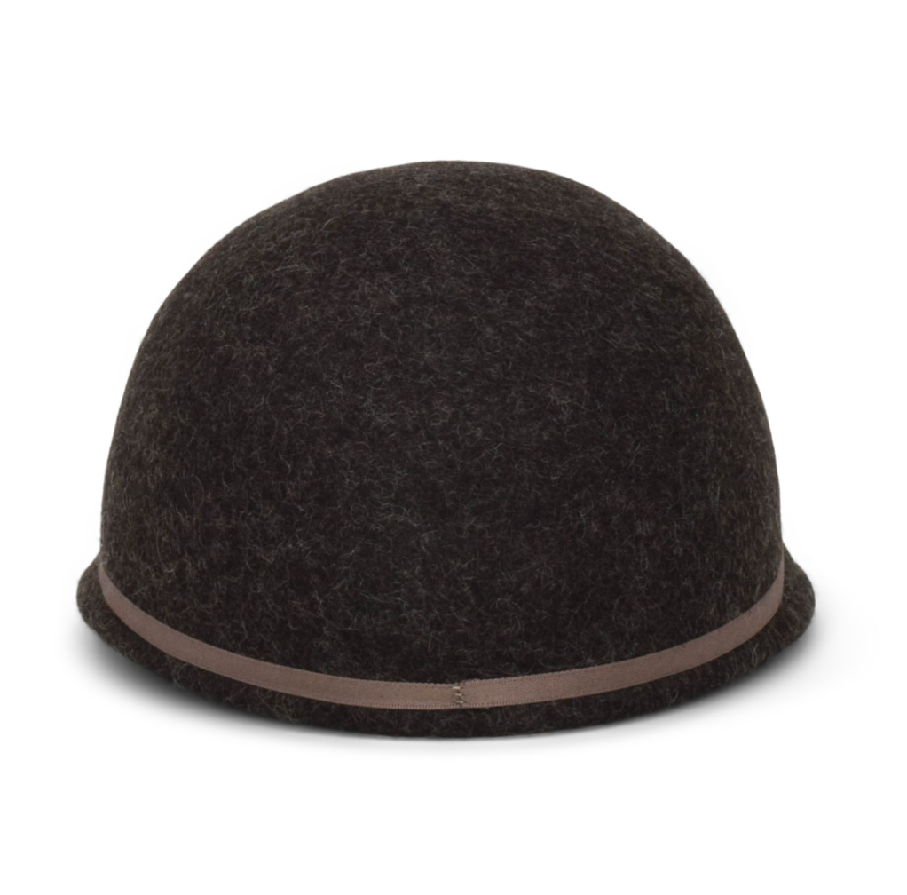 Dark gray felted hat with a brown band on a white background