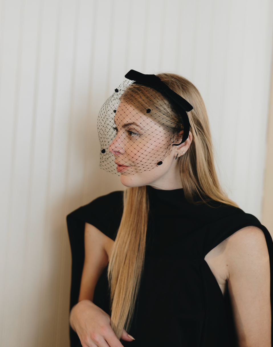 Luxe Black Velvet Bow Headband with Veil | Winnie Gigi  display picture 2