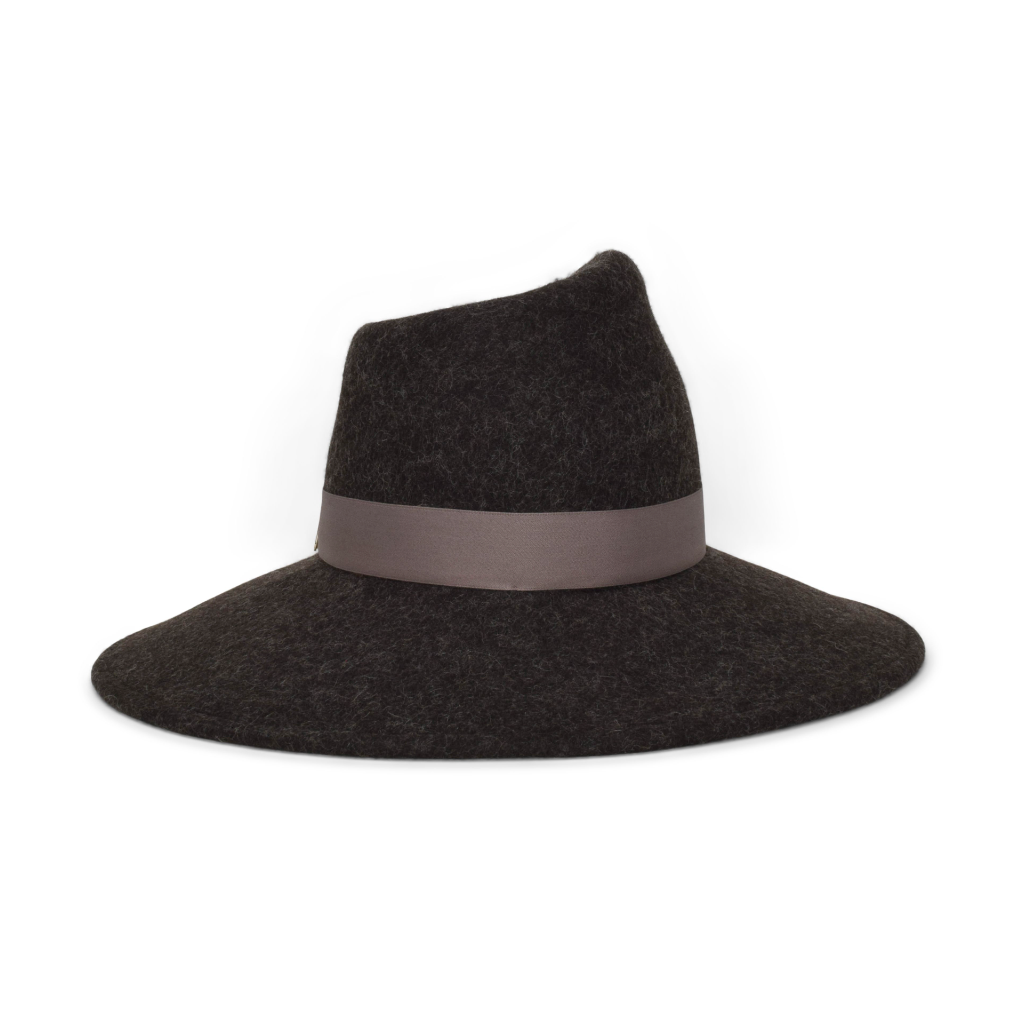 Dark gray wide-brimmed hat with a brown band on a white background