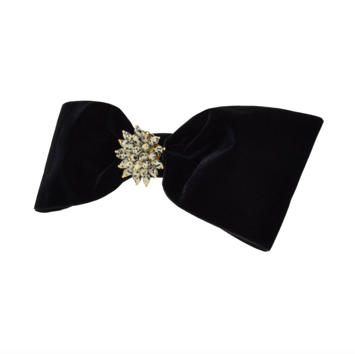 Black bow hair clip with a decorative center on a white background
