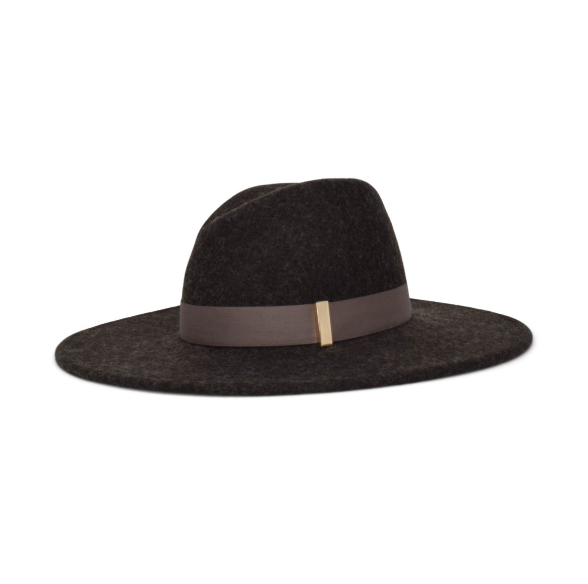 Dark brown fedora hat with a wide brim and brown band