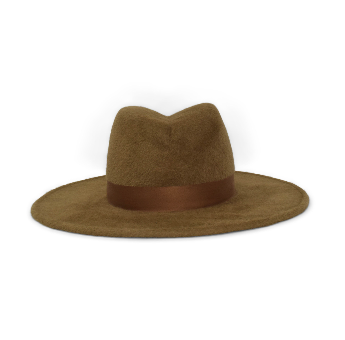 Brown fedora hat with a brown band on a white background