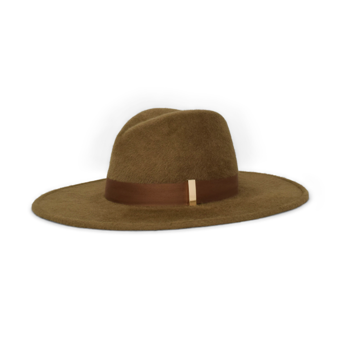 Brown fedora hat with a wide brim and brown band on a white background