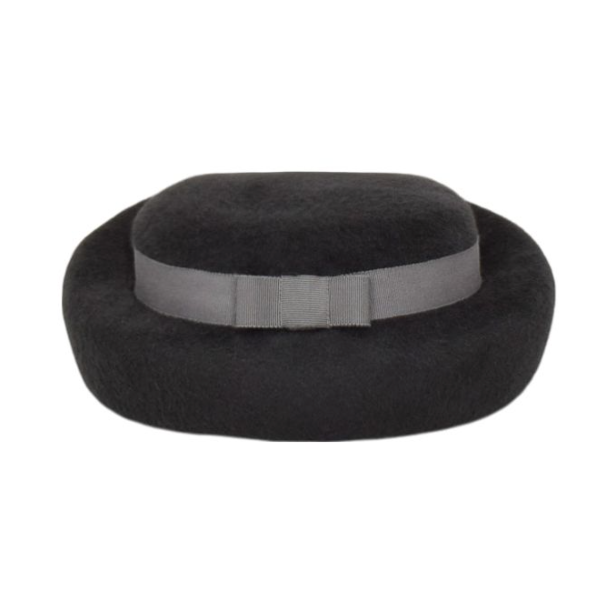 Black felt hat with a gray band on a white background