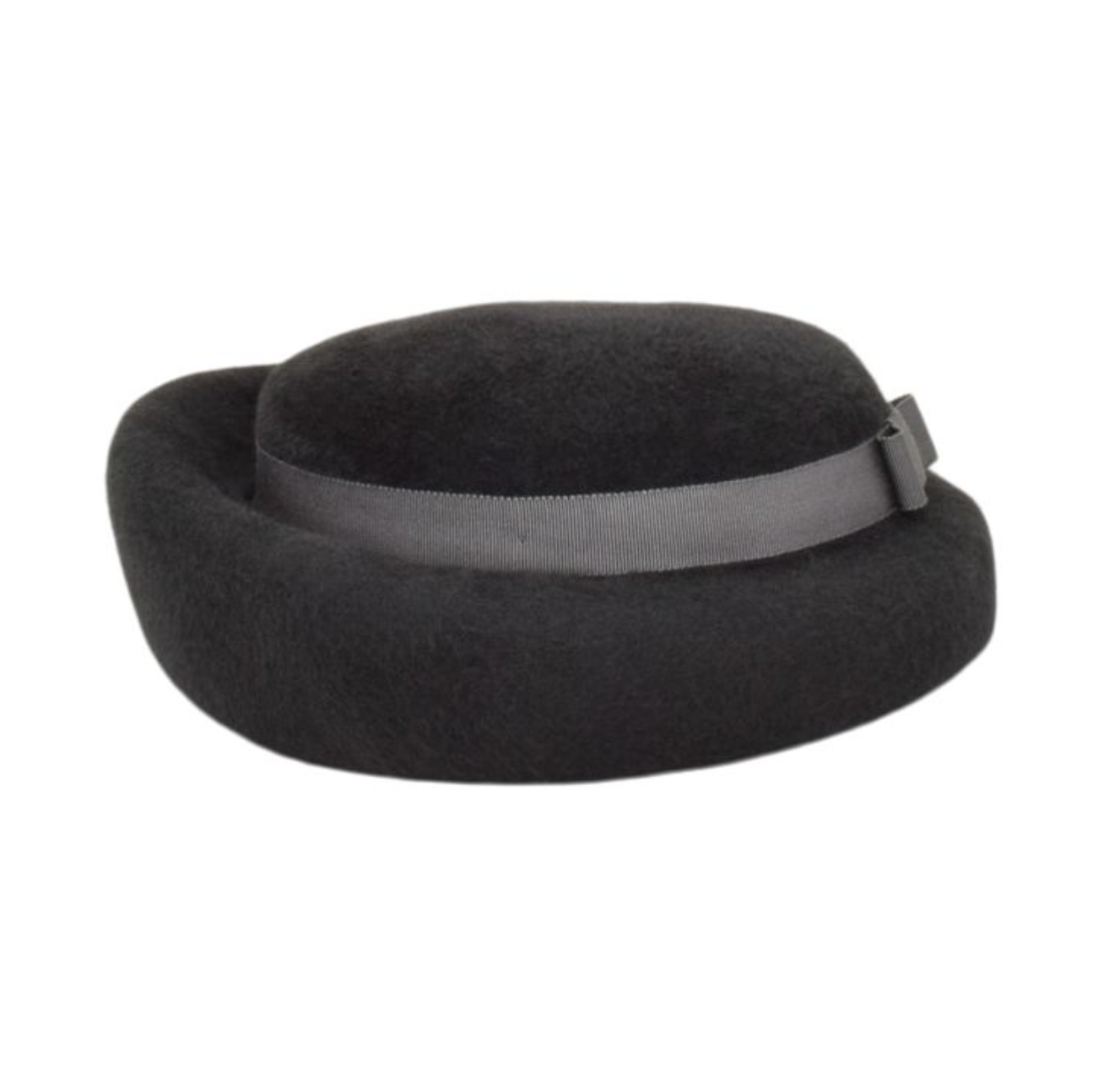 Black felt hat with a gray band on a white background