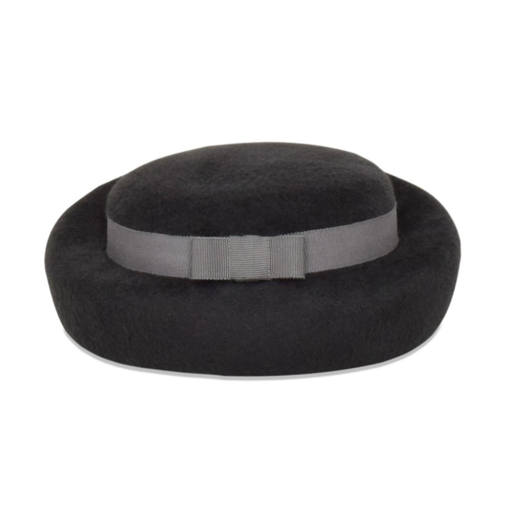Black felt hat with a gray ribbon on a white background