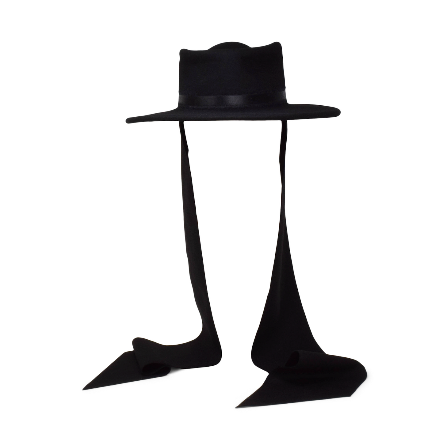 Black hat with a long black bow tie on a white background
