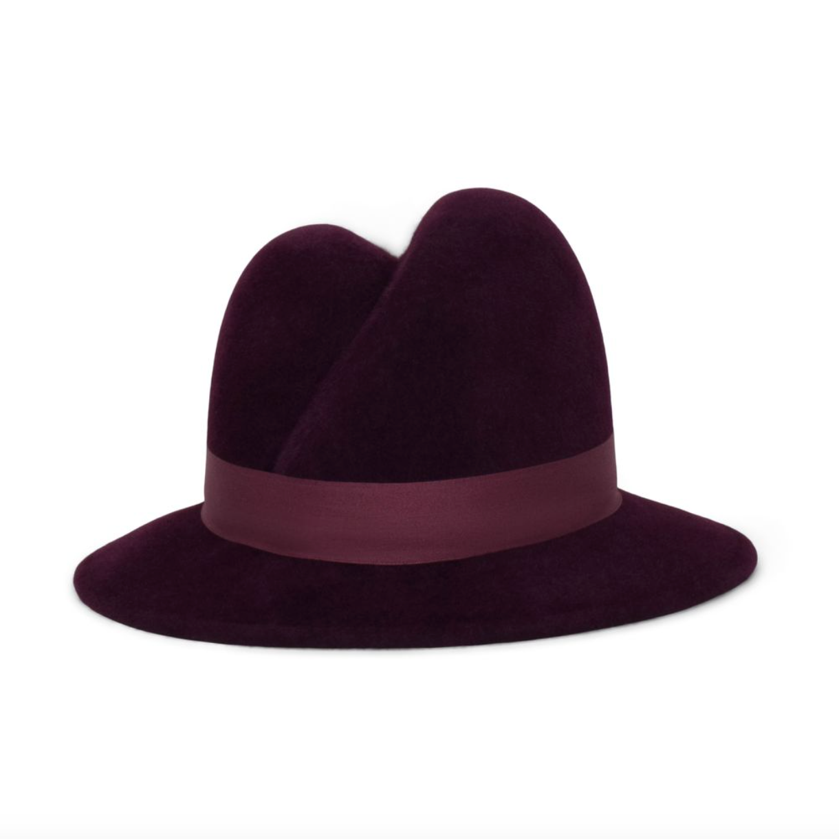 Purple fedora hat with a wide brim and band on a white background