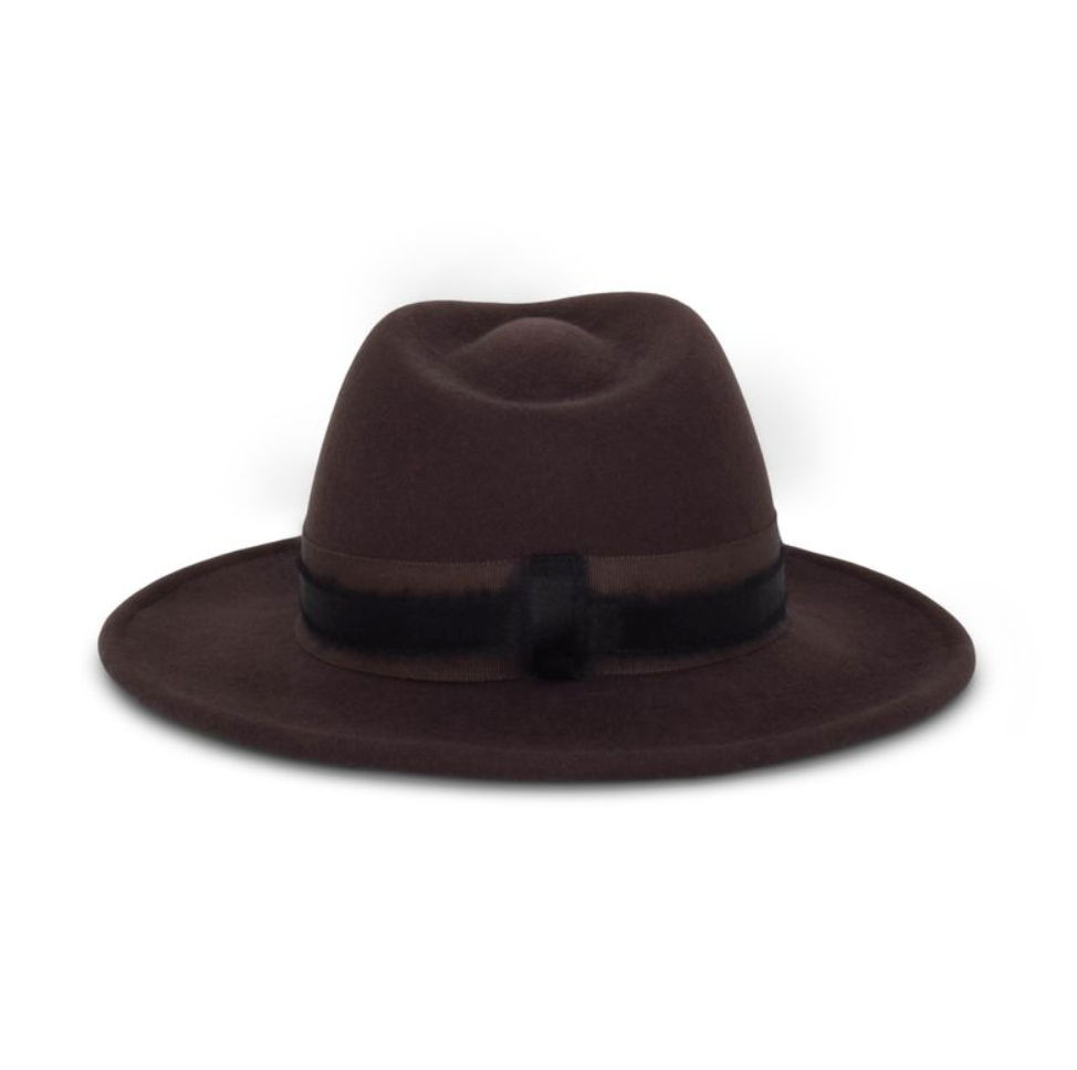 Brown fedora hat with a black band on a white background