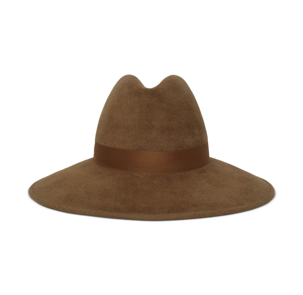 Brown wide-brimmed hat with a brown band on a white background