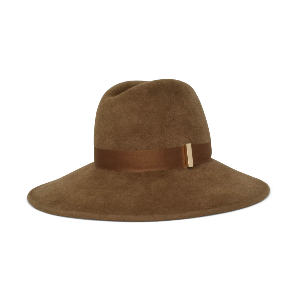 Brown fedora hat with a ribbon on a white background