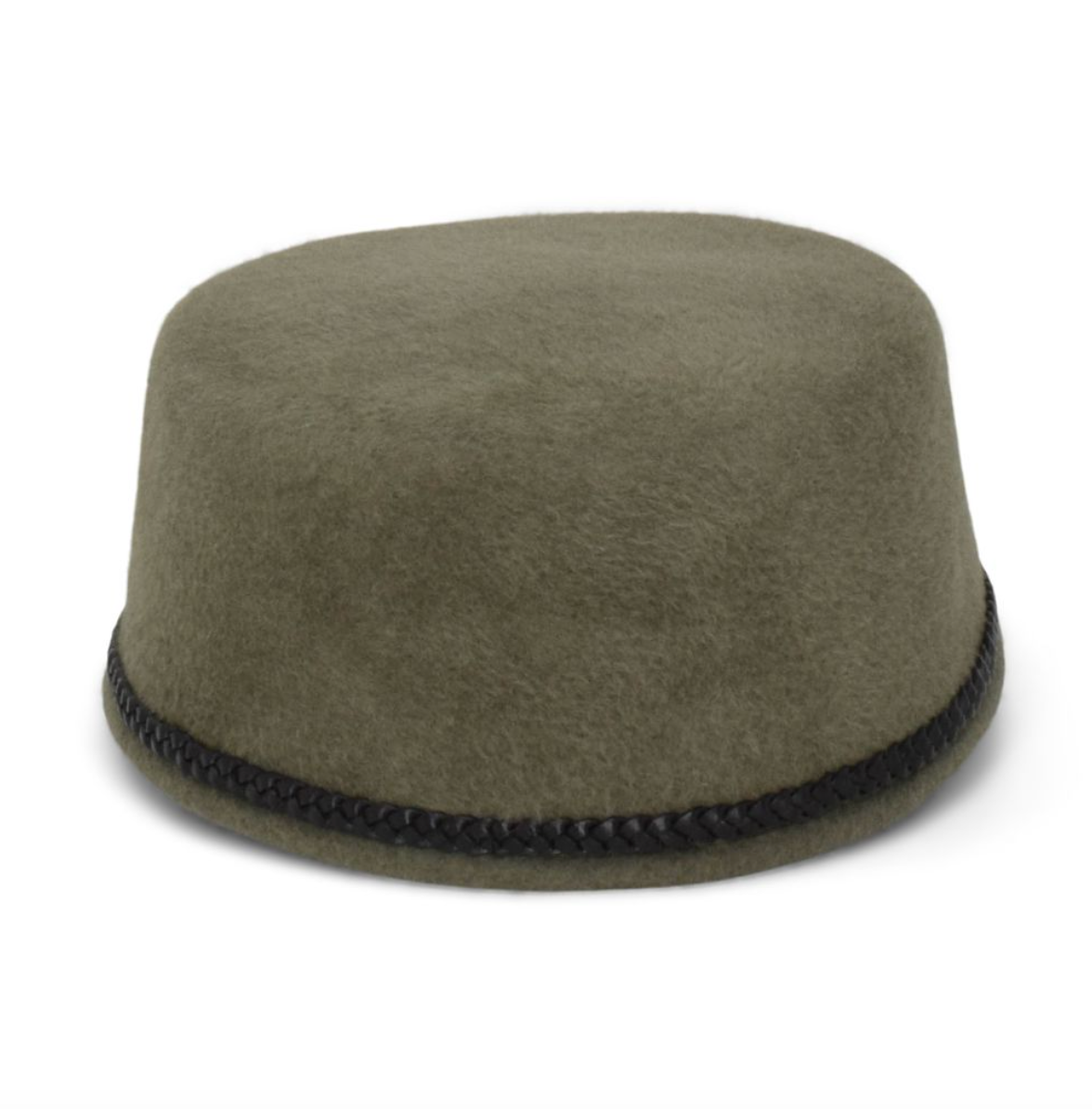 Green felt hat with a black band on a white background