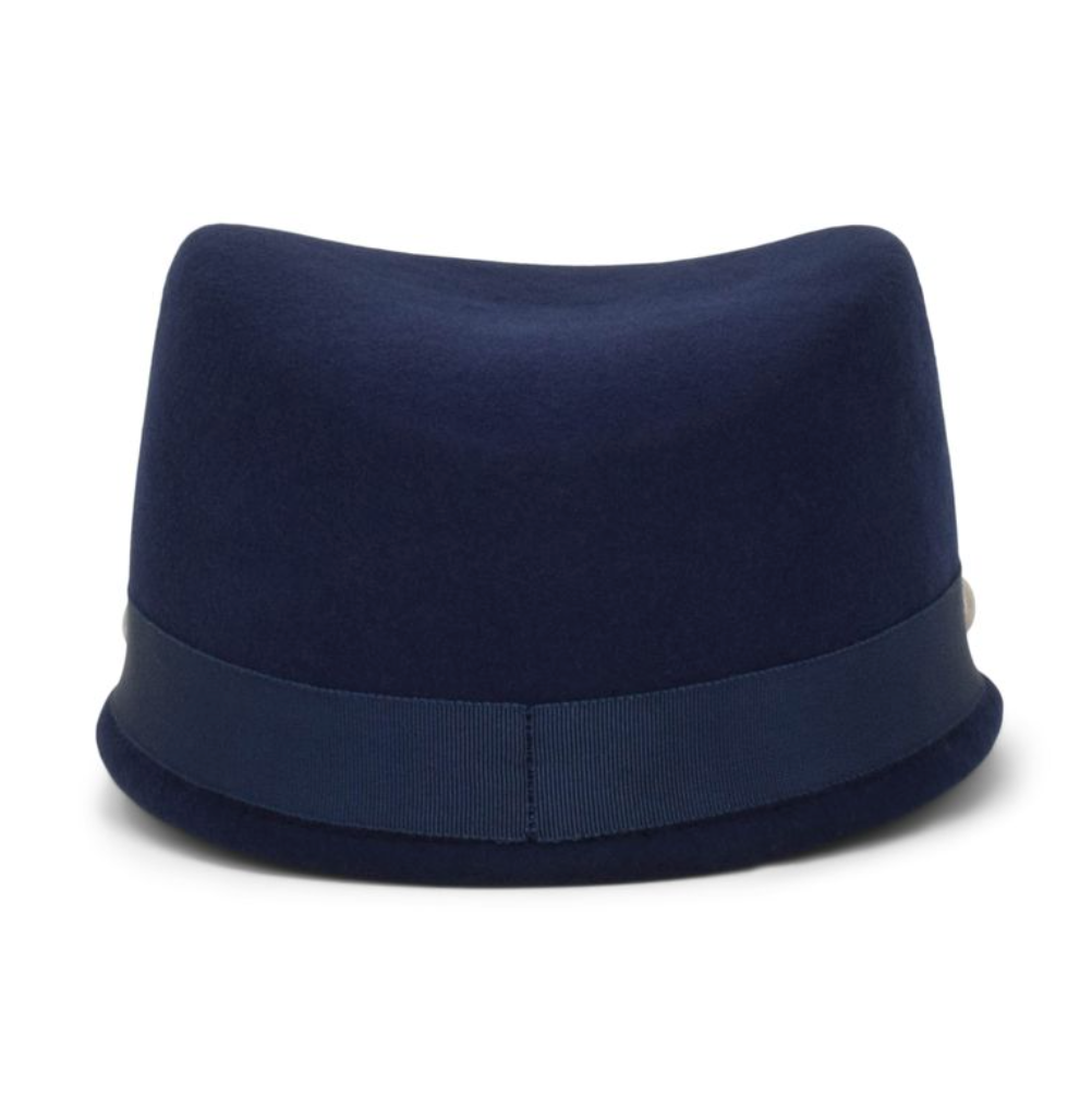 Navy blue fedora hat with a band on a white background