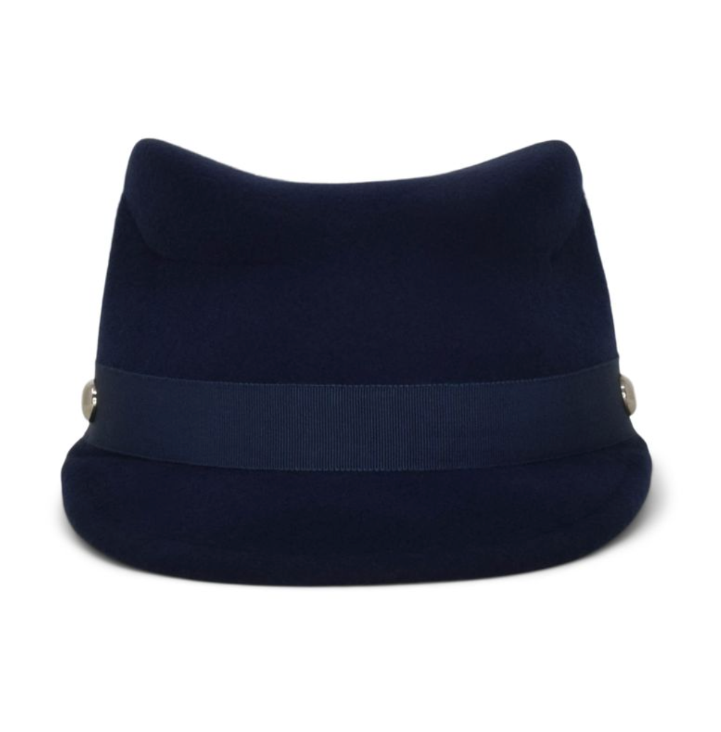 Navy blue hat with a band on a white background