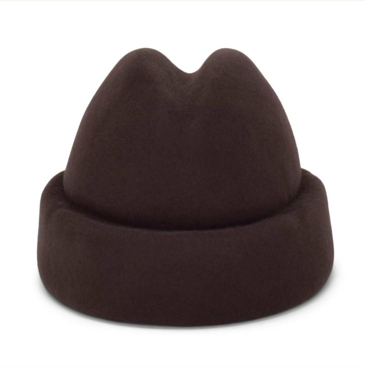 Brown beanie hat with a unique shape on a white background