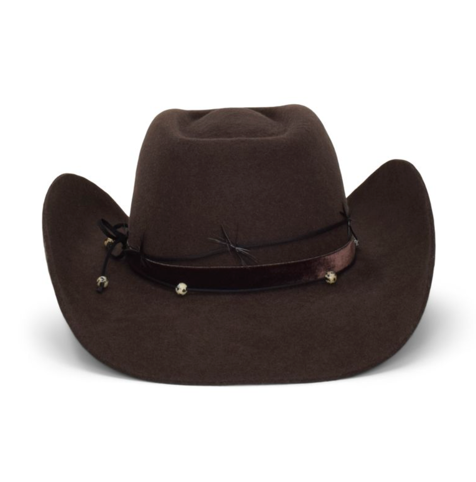 Brown cowboy hat with a band on a white background