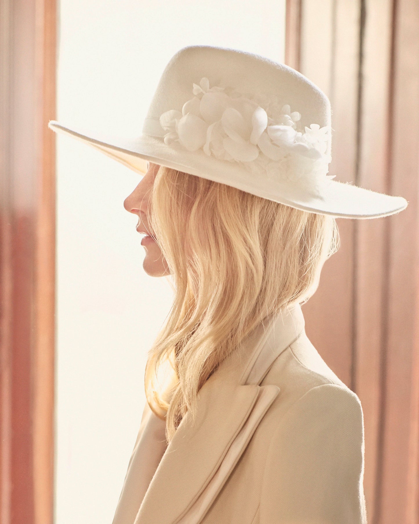 Gigi Burris Bianca Bridal Fedora Milk Ivory Velour Felt Hand Blocked Wide Brim Fedora Hand Pressed Silk Flowers Defined Crown