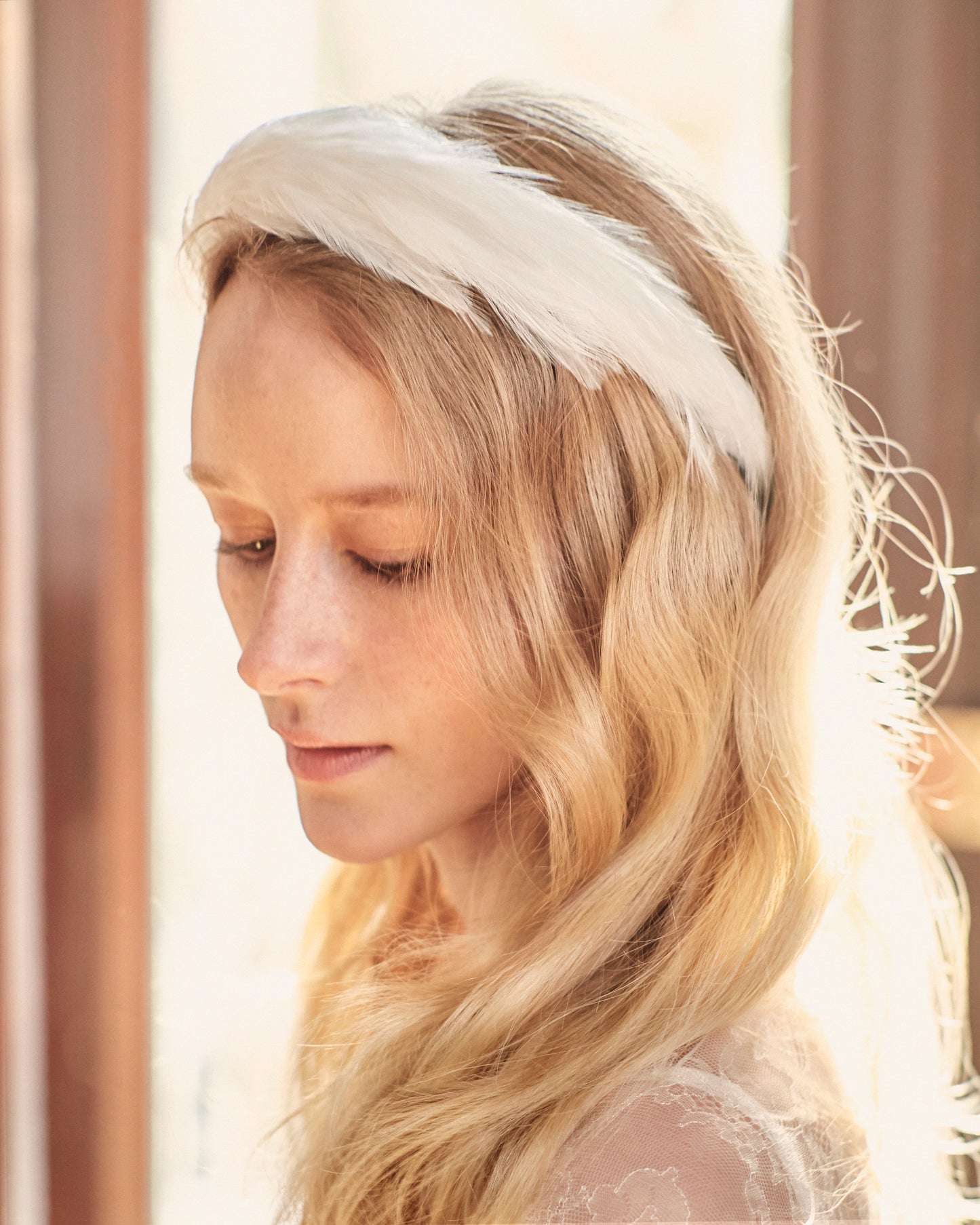 Gigi Burris Plume Band Texture Bridal Soft Padded Headband White Hackle Feathers Satin Grosgrain Center