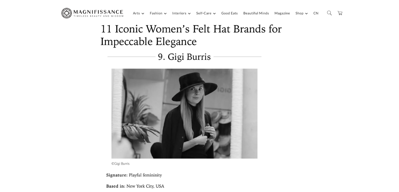 GIGI RANKED AMONGST TOP 11 FEMALE MILLINERS IN MAGNIFISSANCE MAGAZINE
