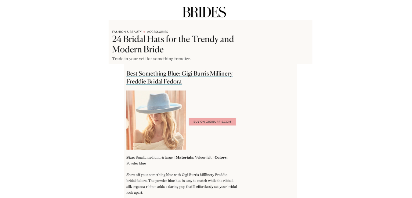 SEEN IN BRIDES MAGAZINE: GIGI BURRIS AMONG TOP TRENDY BRIDAL HATS