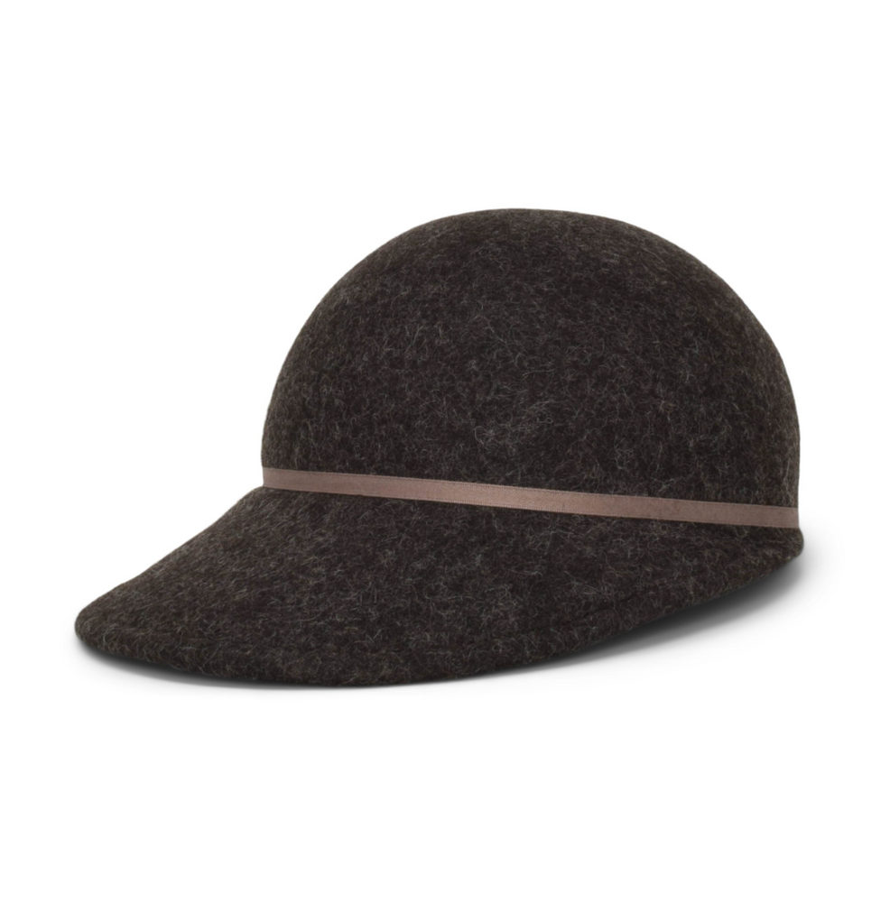 Dark gray cap with a thin brown band on a white background
