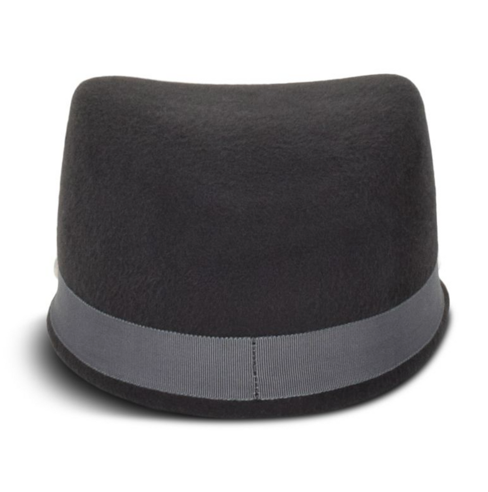 Black fedora hat with a gray band on a white background