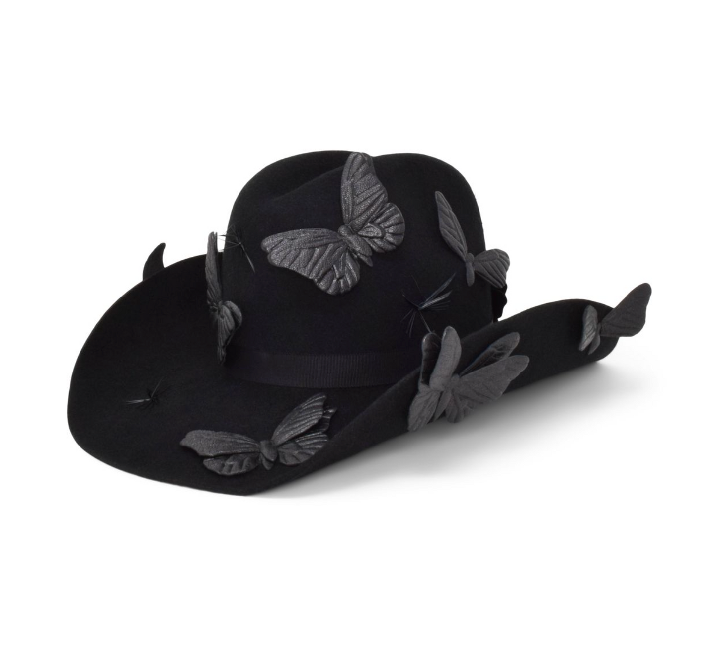 Black cap with butterfly designs on a white background
