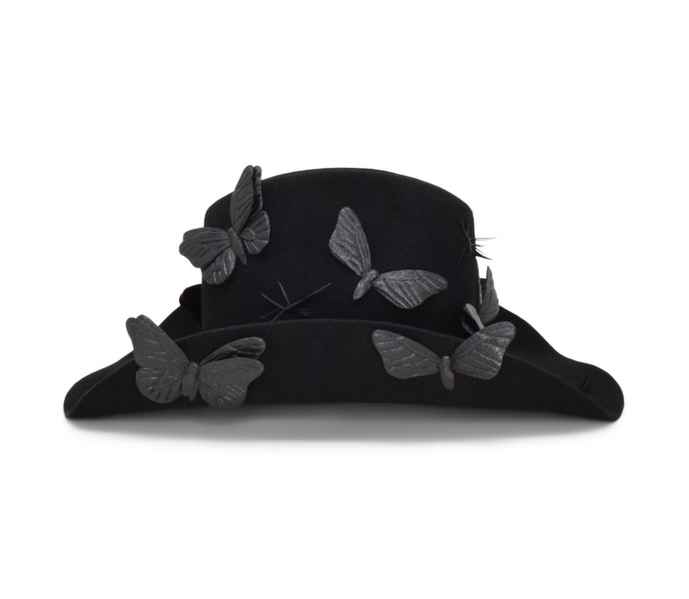 Black hat with butterfly decorations on a white background