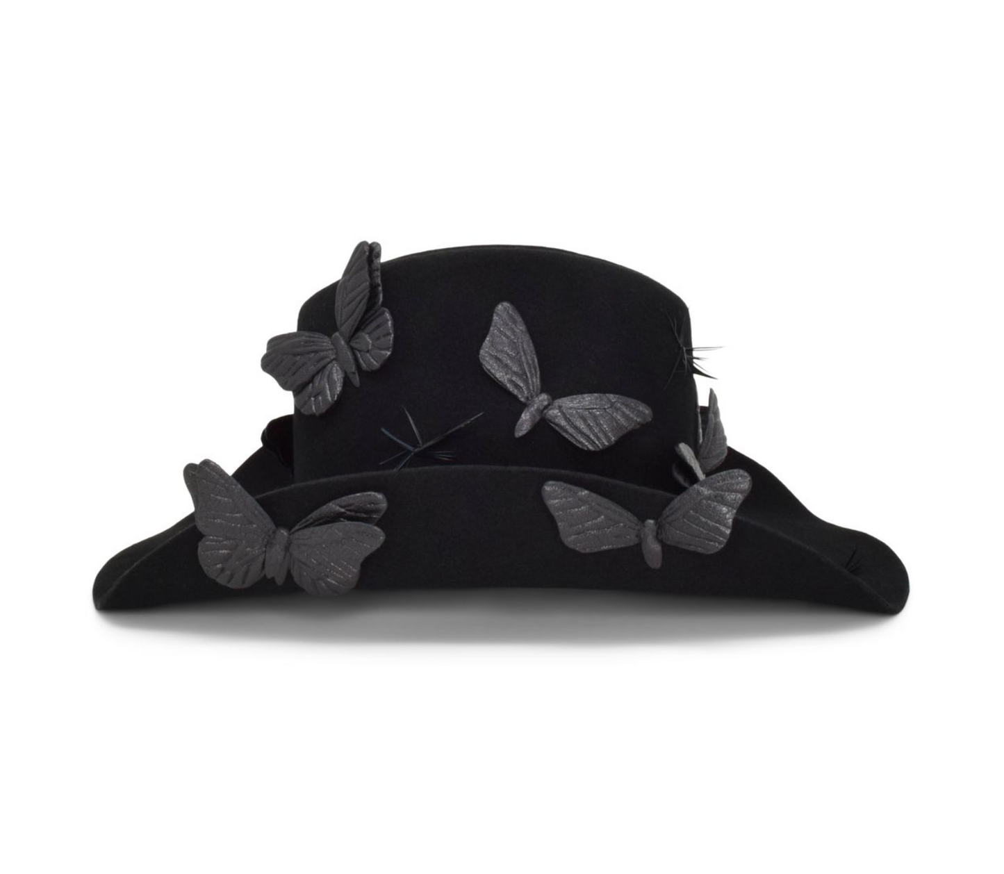 Black hat with butterfly decorations on a white background