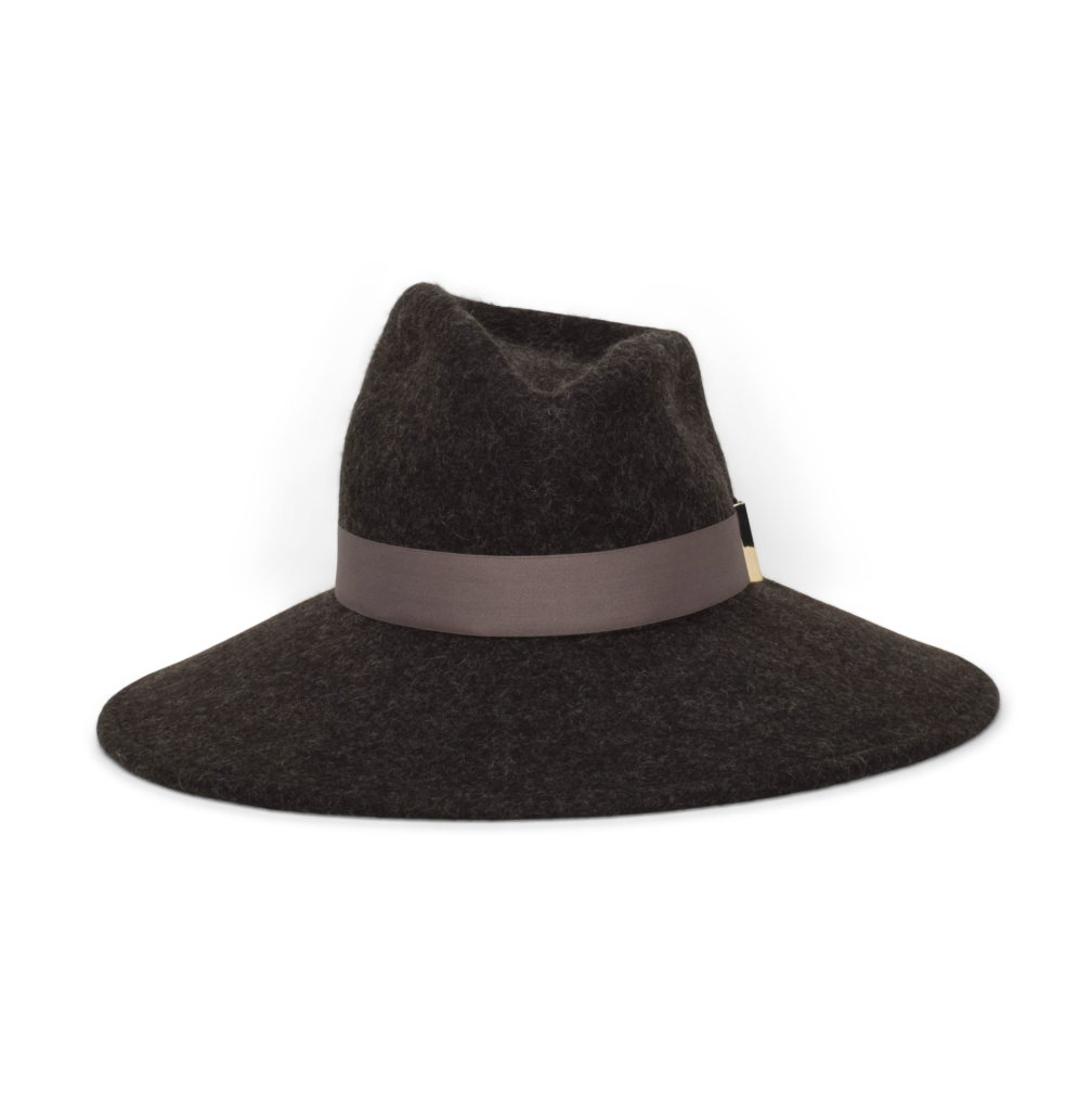 Dark gray wide-brimmed hat with a brown band on a white background