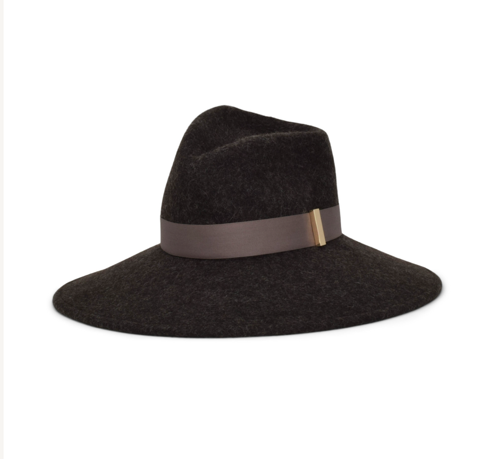Black wide-brimmed hat with a brown band on a white background