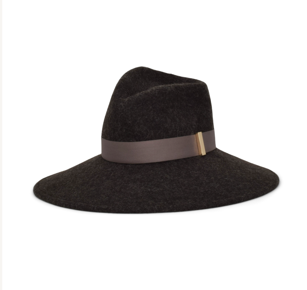 Black wide-brimmed hat with a brown band on a white background