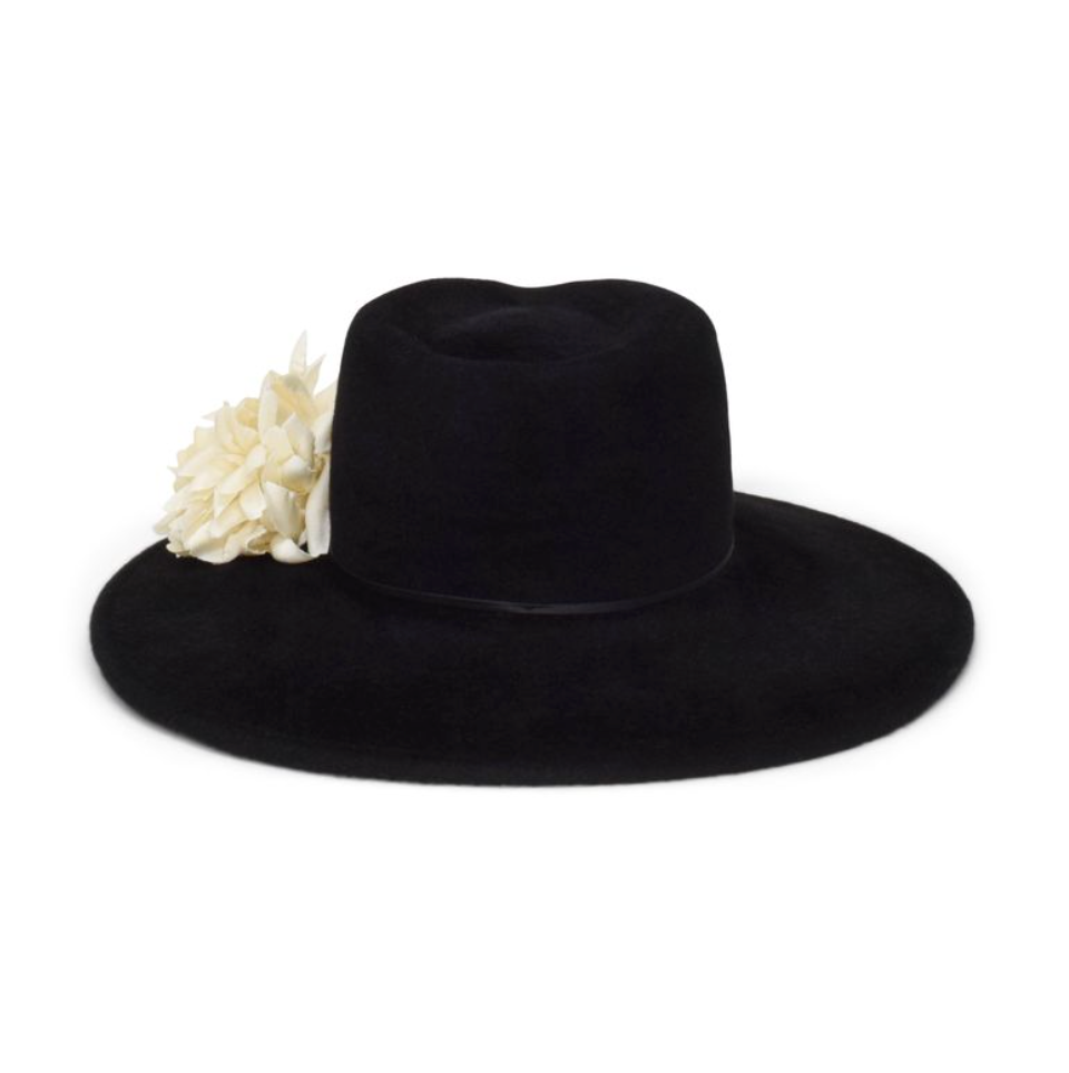 Black hat with white flower 