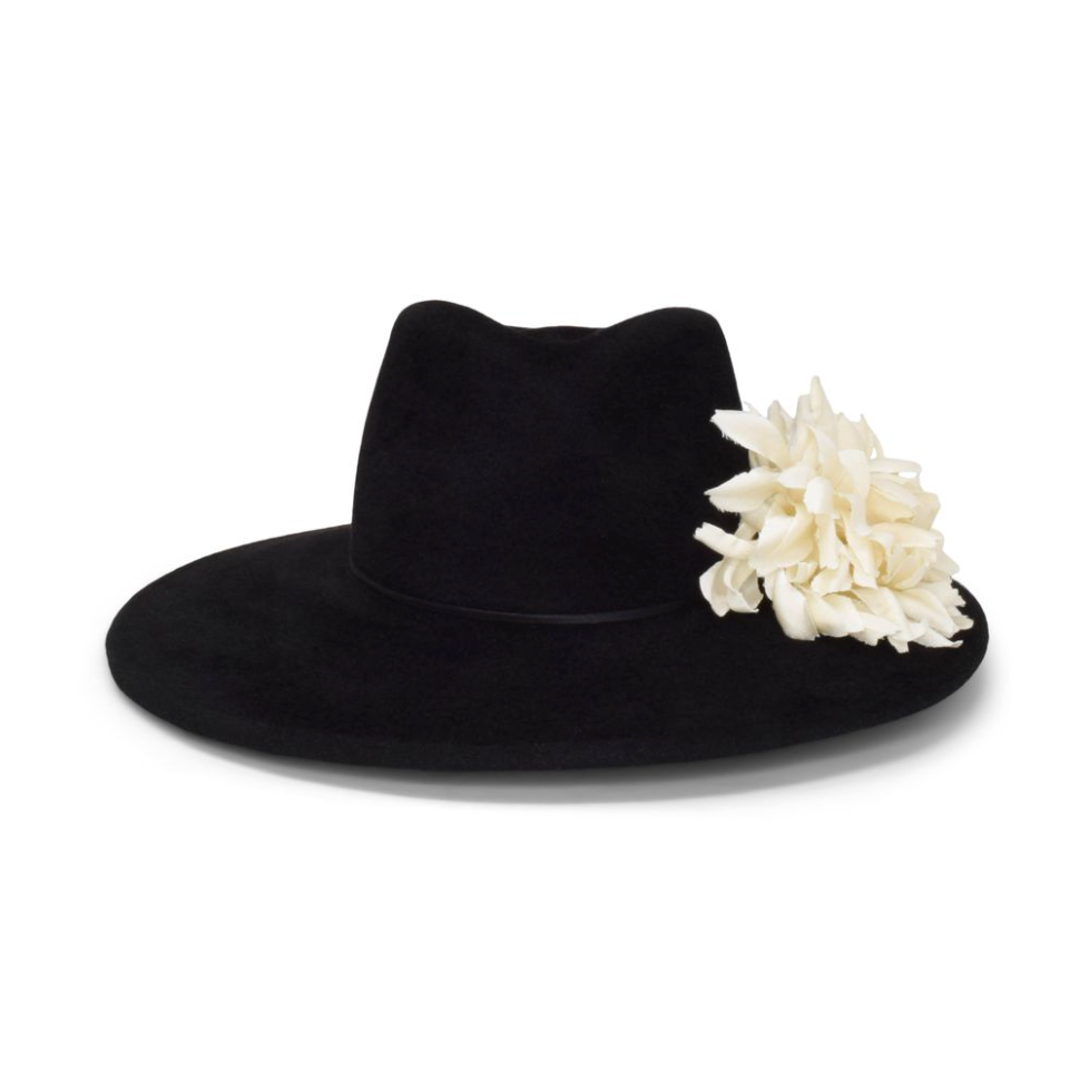Black hat with white flower 