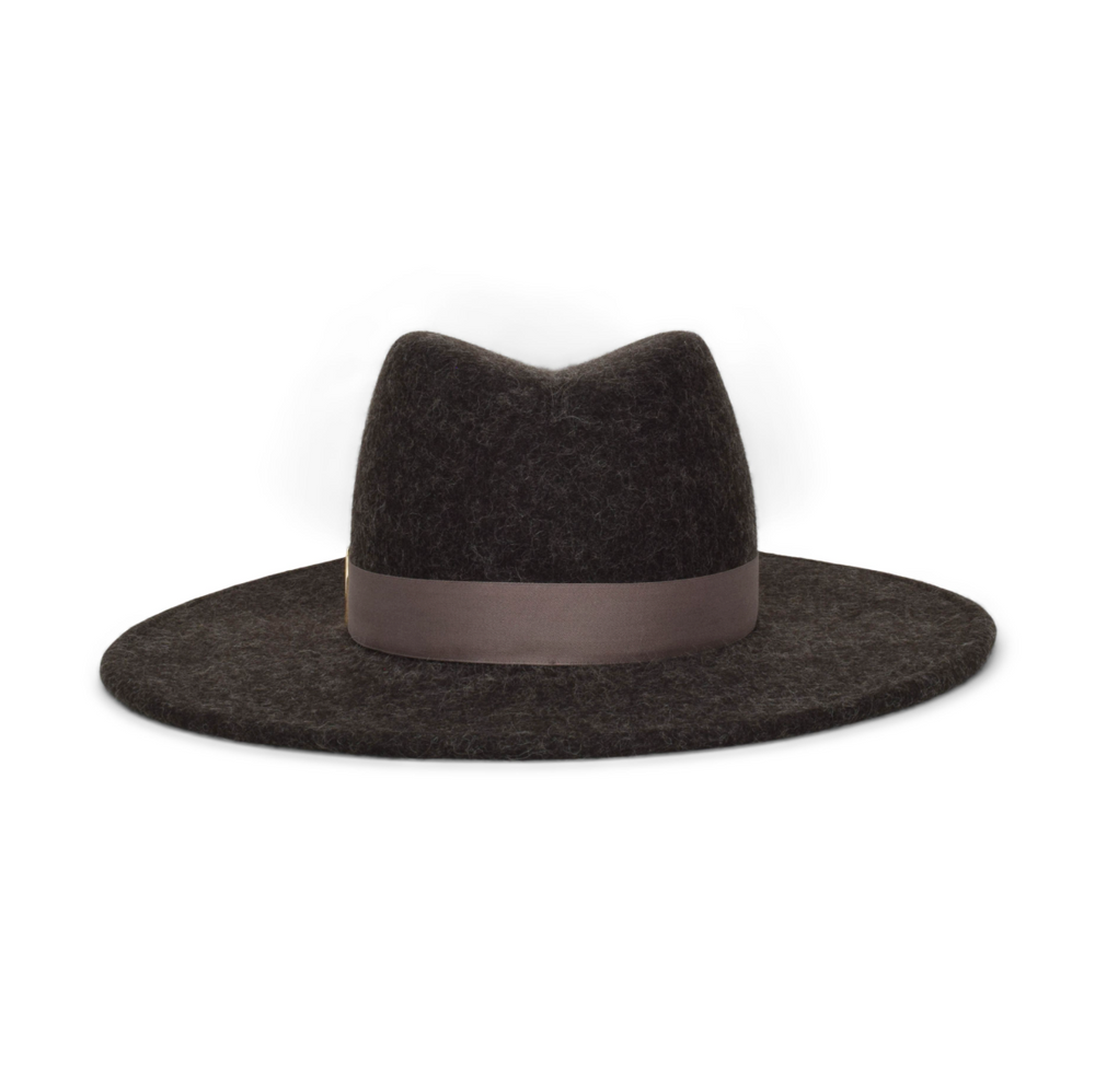 Dark gray fedora hat with a brown band 