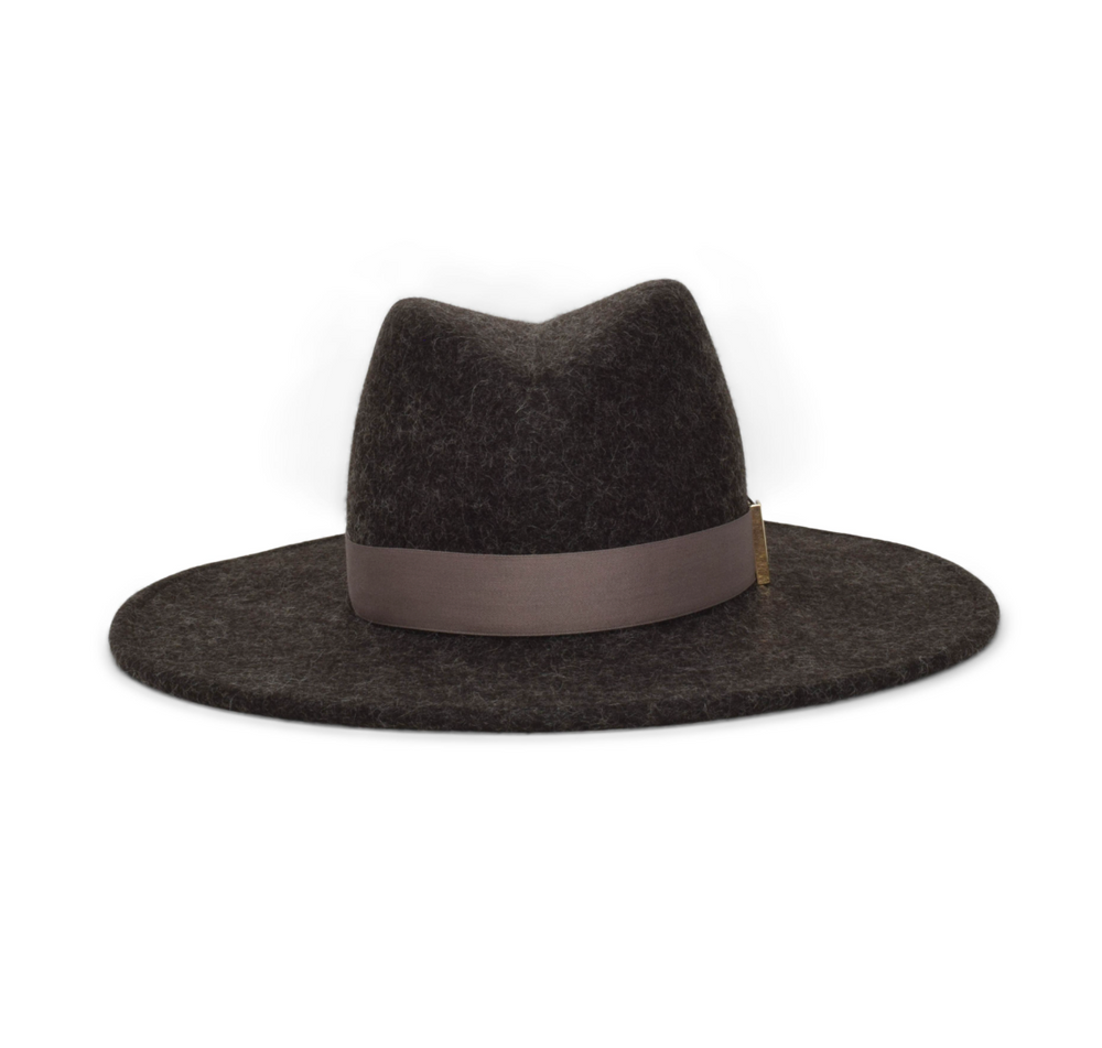 Dark gray fedora hat with a brown band