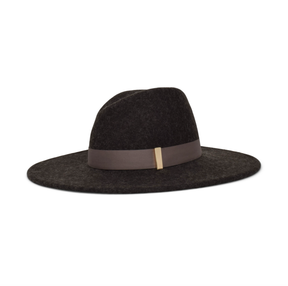 Dark brown fedora hat with a wide brim and brown band 