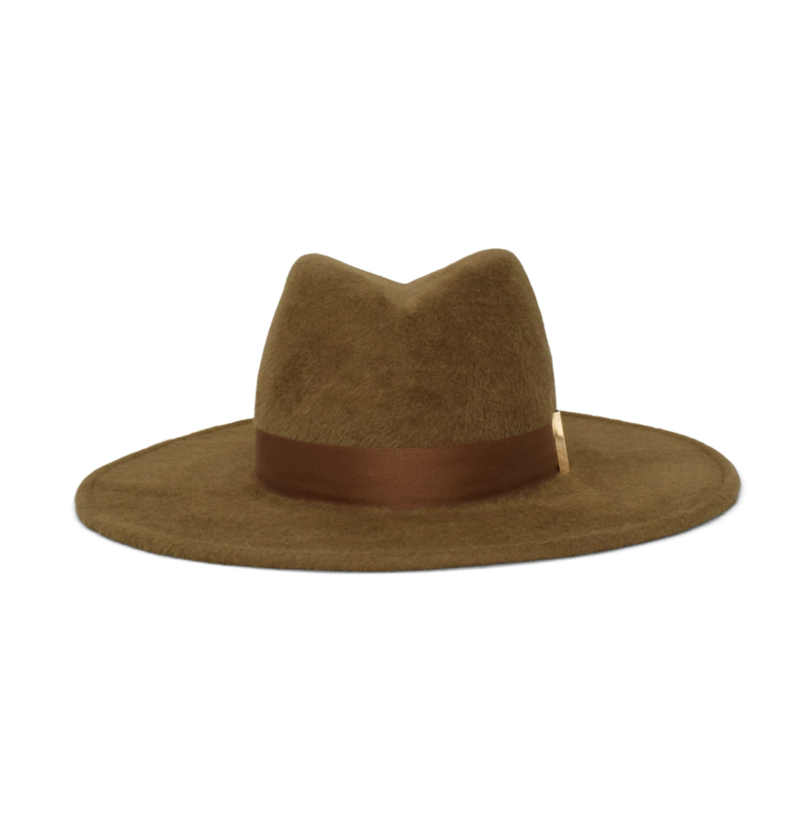 Brown fedora hat with a brown band on a white background