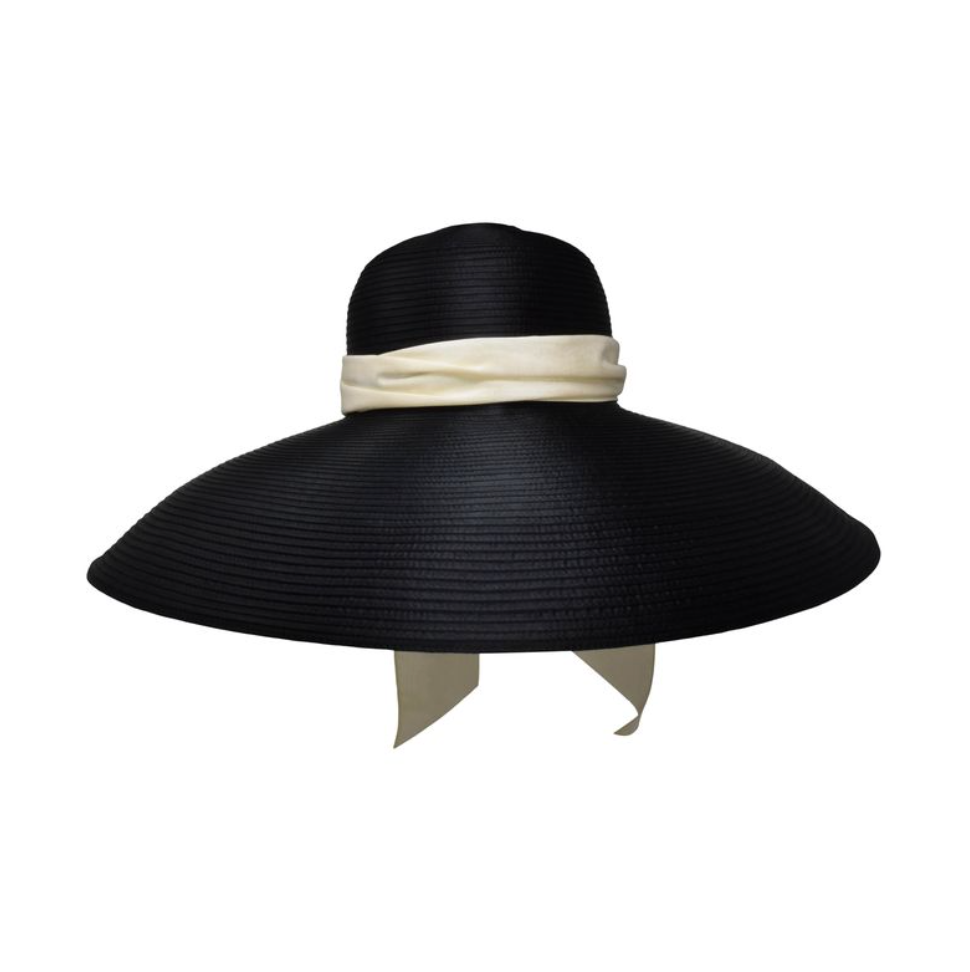 Black, dramatic, statement hat, white ribbon, fashion hat