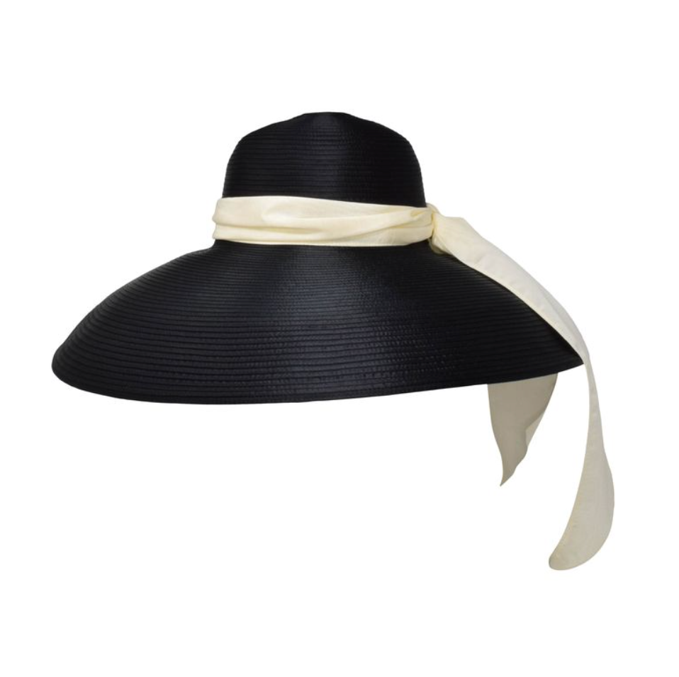 Black, dramatic, statement hat, white ribbon
