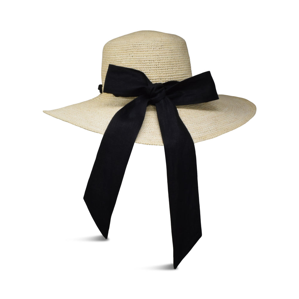Burris Millinery Ete Natural Black Ribbon Frayed Straw Wide Rimmed Hat Timeless Summer Luxury Wide Brim Hat | The Claiborne Gigi  main image 3