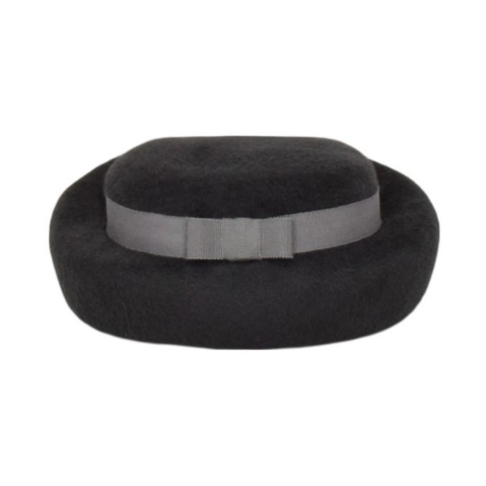 Black felt hat with a gray band on a white background