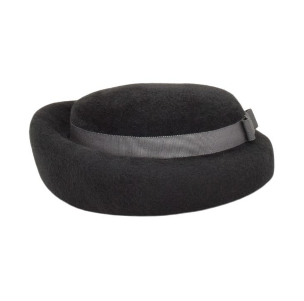 Black felt hat with a gray band on a white background