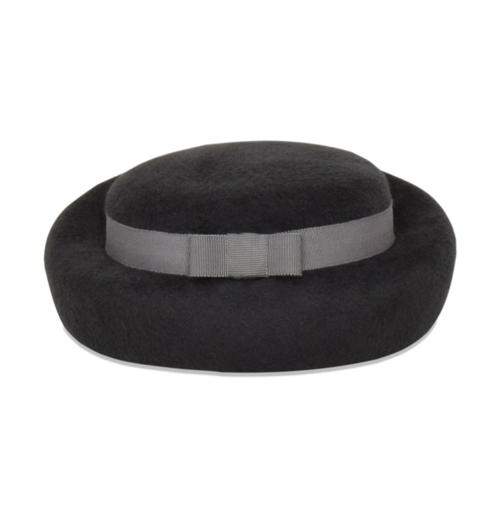 Black felt hat with a gray ribbon on a white background
