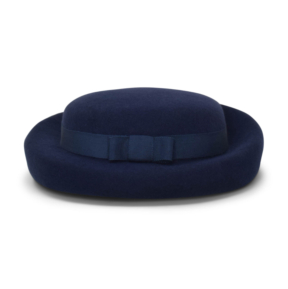 Navy blue hat with a bow on a white background