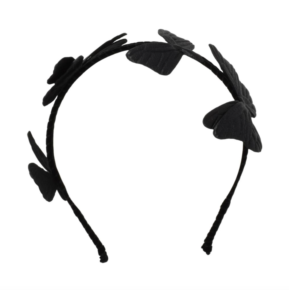 Black headband with floral designs on a white background