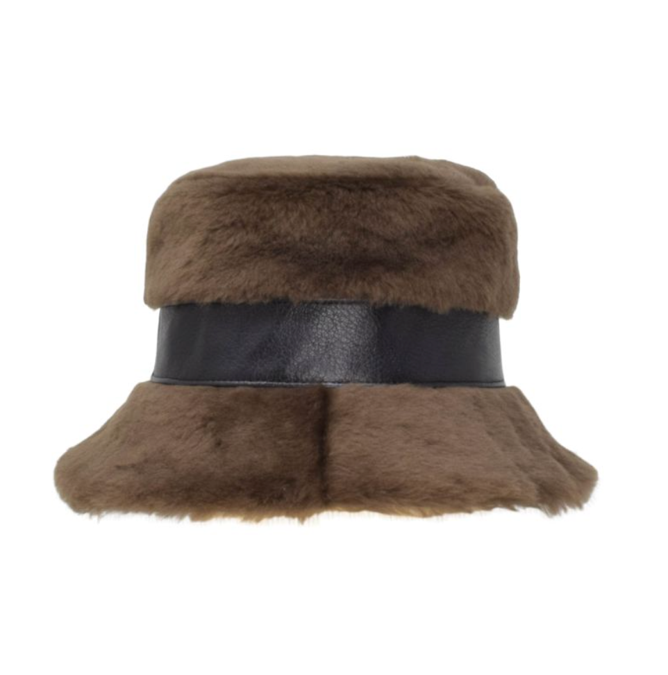 Brown fur hat with a black band on a white background
