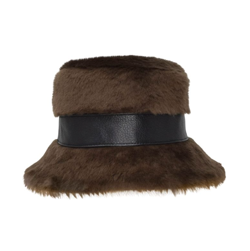 Brown fur hat with a black band on a white background, fashion hat