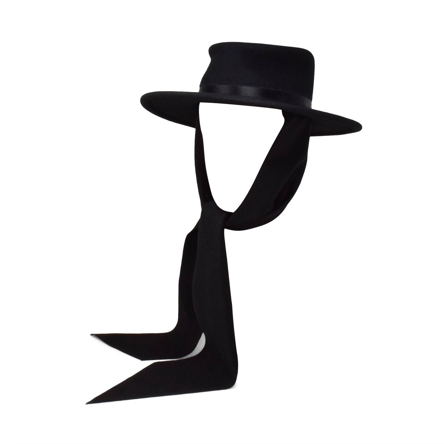 Black hat with a long black bow tie on a white background