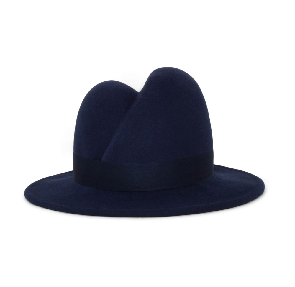 Navy blue fedora hat on a white background